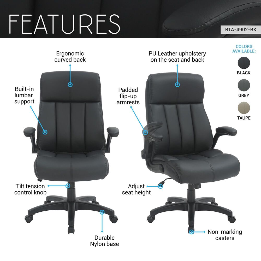 Rta Products Llc Ultra-Padded Executive Office Chair with Flip-Up Armrests in Black, , large