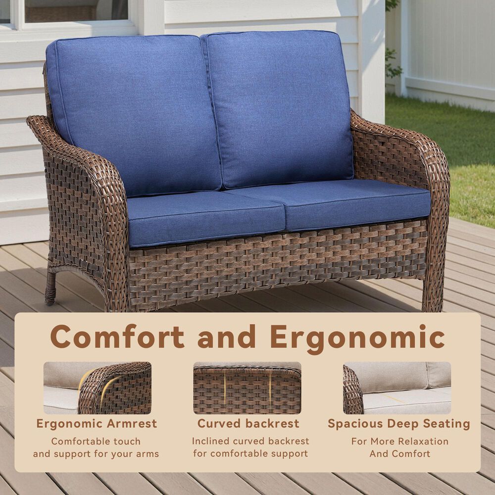 Hearth and Haven Outdoor PE Wicker Loveseat with Deep Seat Cushions in Blue, , large