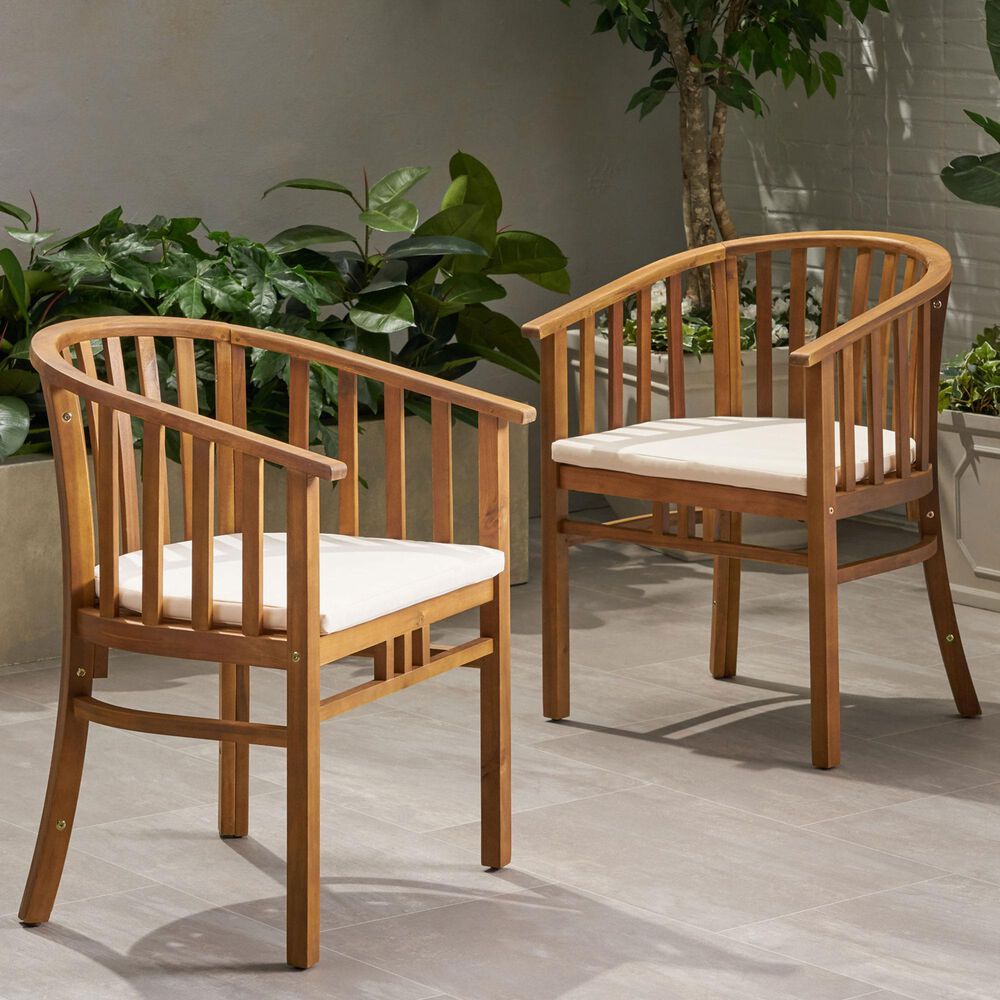 Hearth and Haven Outdoor Dining Chair with Cream Cushion in Teak (Set of 2), , large