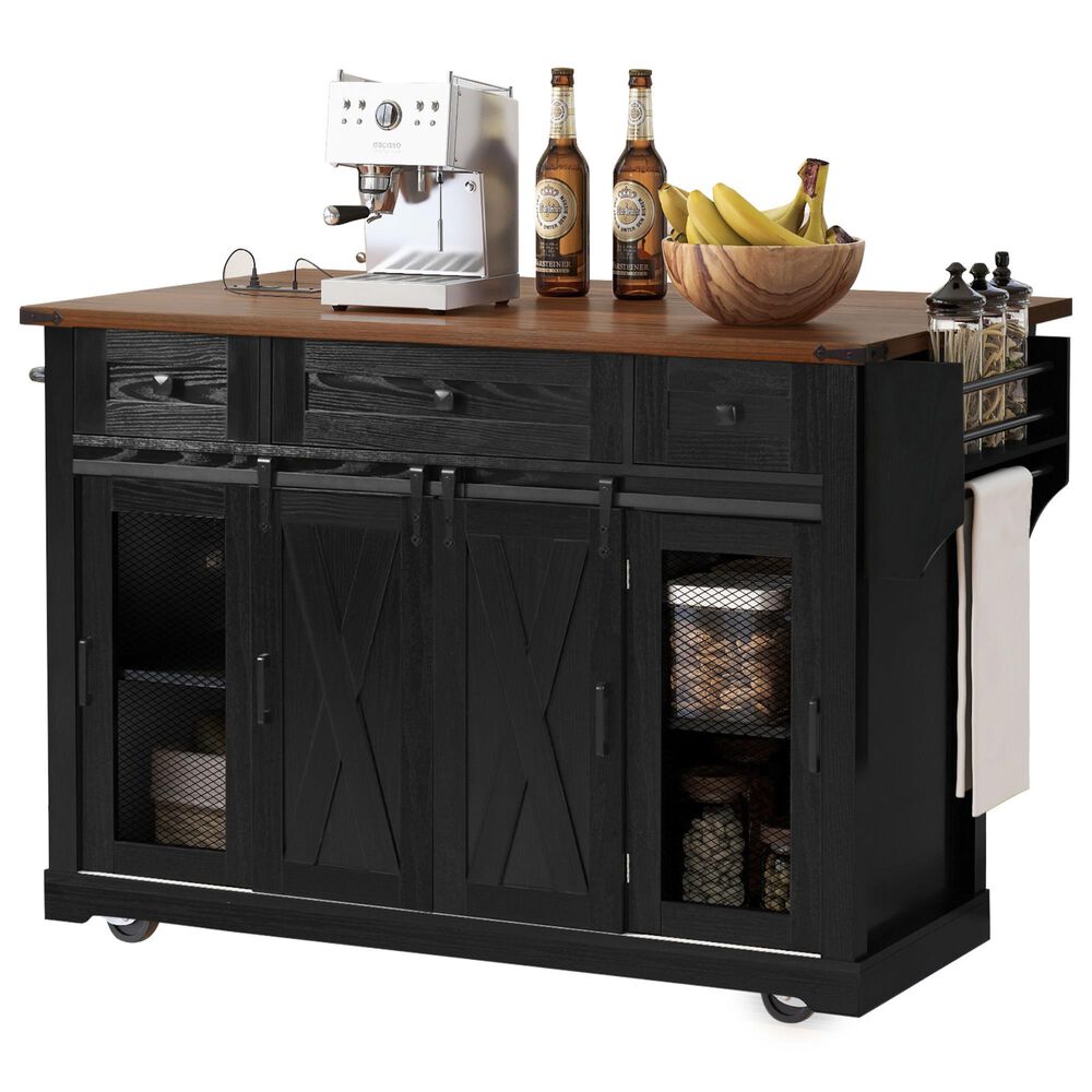 HOMLUX 58" Kitchen Island with Drop Leaf in Black and Brown, , large