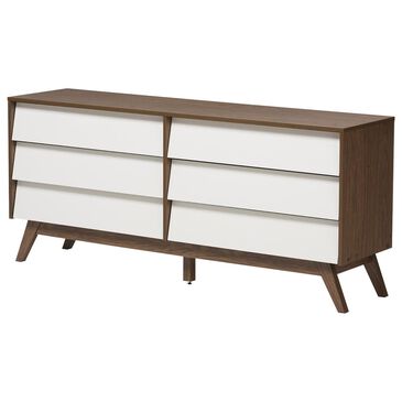 Baxton Studio Hildon 6 Drawer Storage Dresser in White/"Walnut" Brown, , large