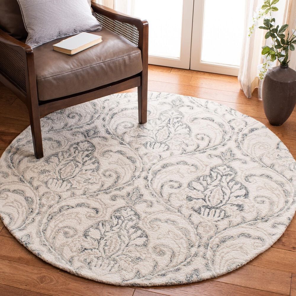 Safavieh Micro-Loop Damask 5&#39; Round Ivory and Grey Area Rug, , large