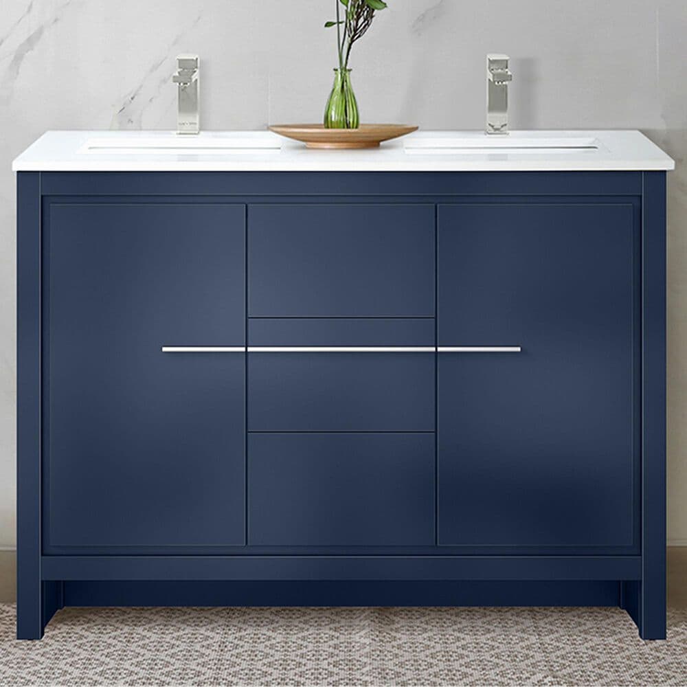 Lexora Home Lafarre 48&quot; Double Bathroom Vanity in Navy Blue with 2 cm White Cultured Marble Top and Rectangular Sinks, , large