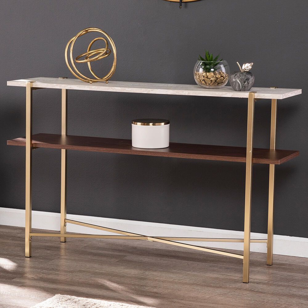 Southern Enterprises Ardmillan Storage Console Table in Brass, Tobacco, and White, , large