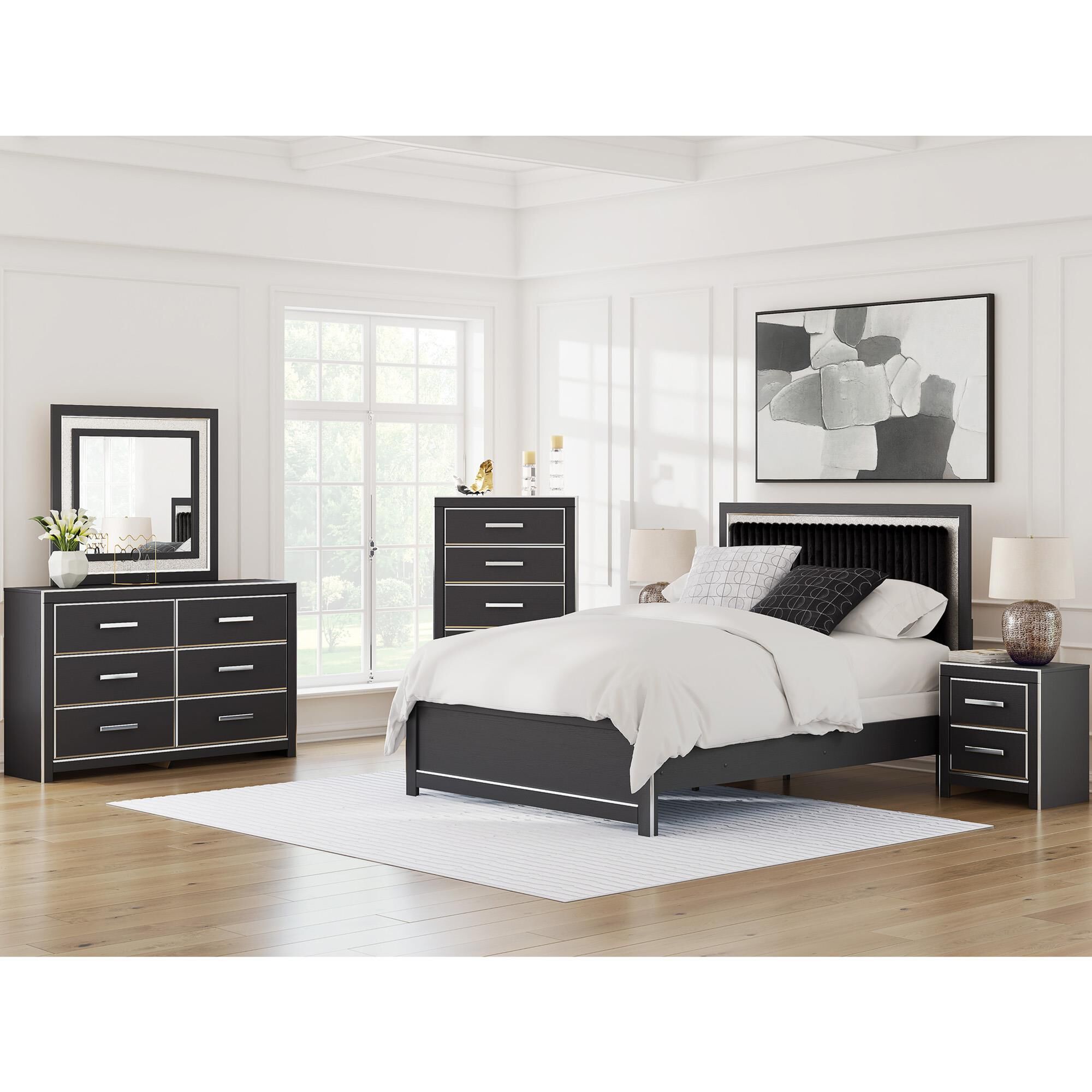 黒田坊　1212 Ashley Zuraleus Queen Upholstered Panel Bed with Two Nightstands
