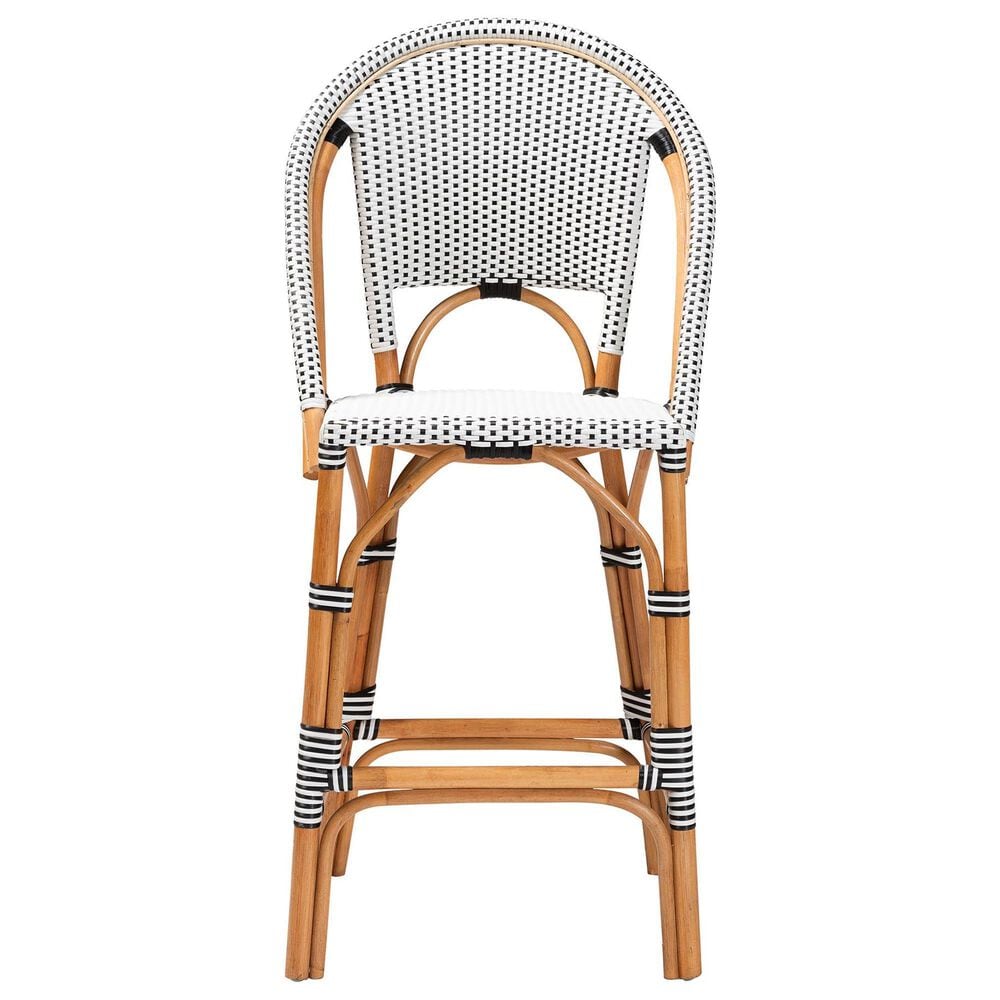 Baxton Studio Genica Bar Stool with Two-Tone Black and White Weaving in Natural Rattan, , large