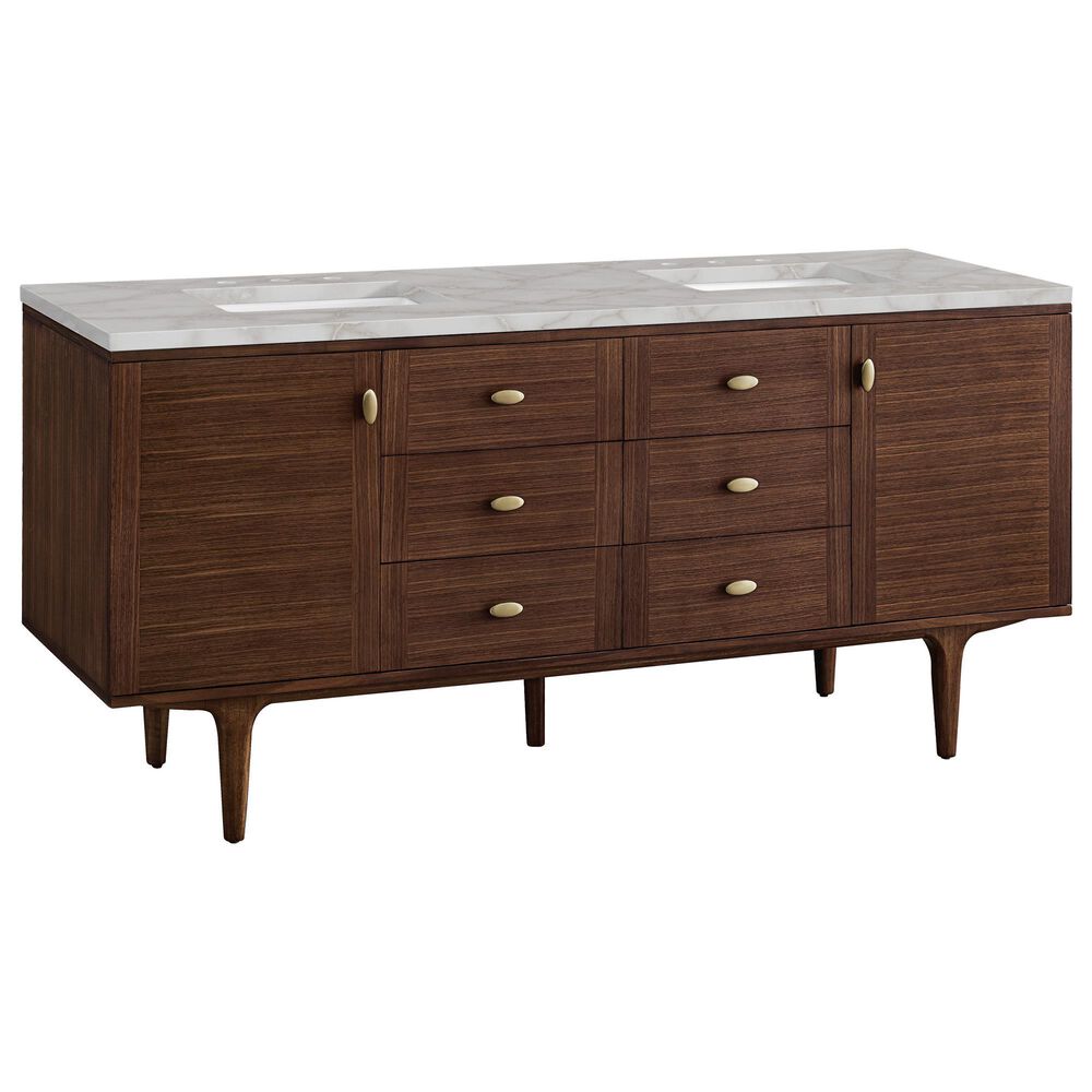 James Martin Vanities Amberly 72" Double Bathroom Vanity in Mid-Century Walnut with 3 cm Eternal Jasmine Pearl Silestone Top, Rectangular Sinks and FreePower Wireless Charger, , large
