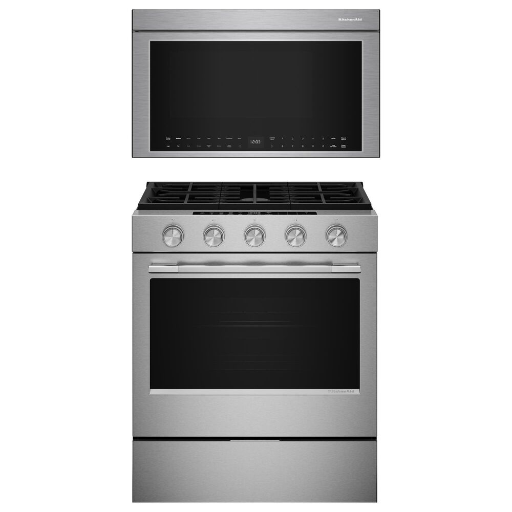 KitchenAid 2-Piece Kitchen Package with 30" Slide-In Smart Gas Range and 30" Over-the-Range Microwave Oven in PrintShield Stainless Steel, , large