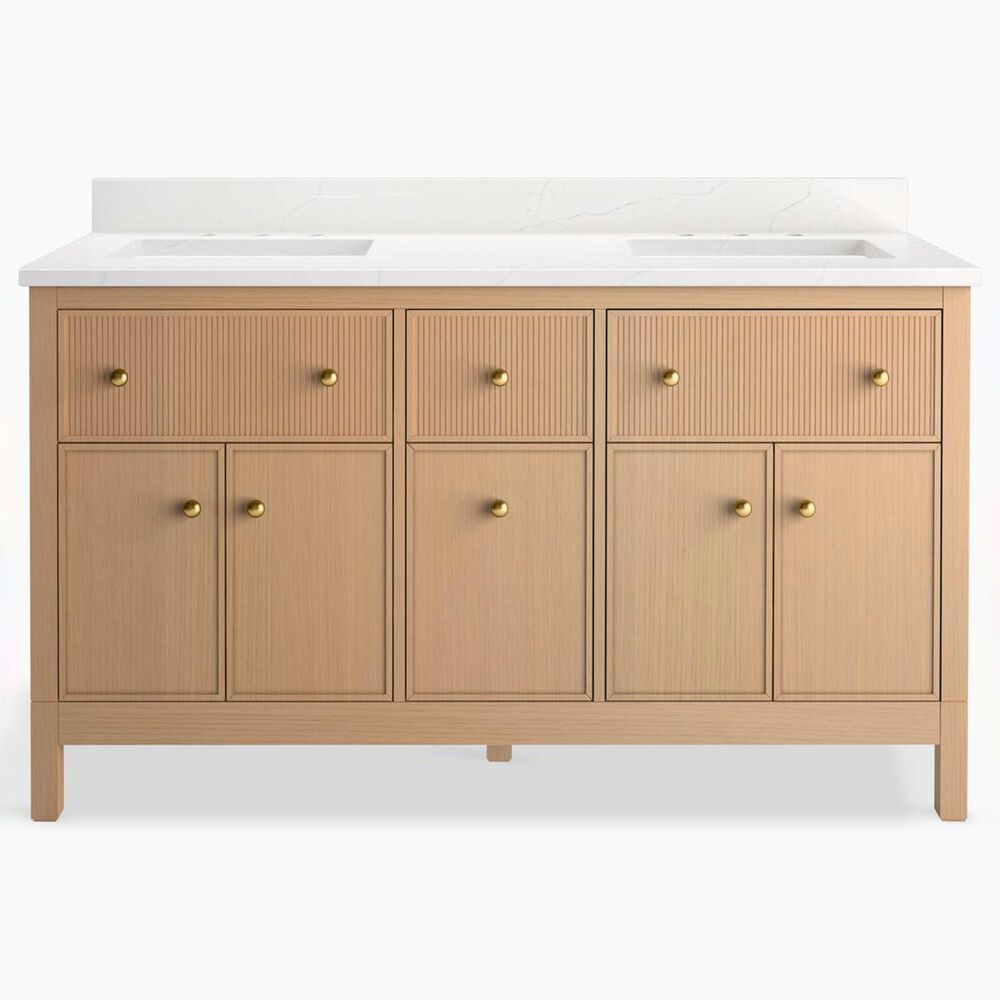 Kohler Malin 60" Double Bathroom Vanity in White Oak with 3 cm White Quartz Top and Rectangular Sinks, , large