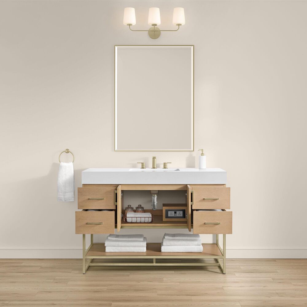 37B Mauri 48" Single Bathroom Vanity with Metal Base in Warm Oak with High-Profile 4" White Composite Stone Top, , large