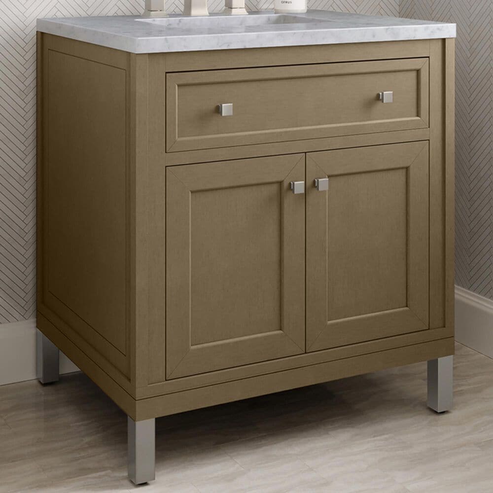James Martin Vanities Chicago 30" Single Bathroom Vanity in Walnut Whisper with 3 cm Carrara White Marble Top and Rectangular Sink, , large