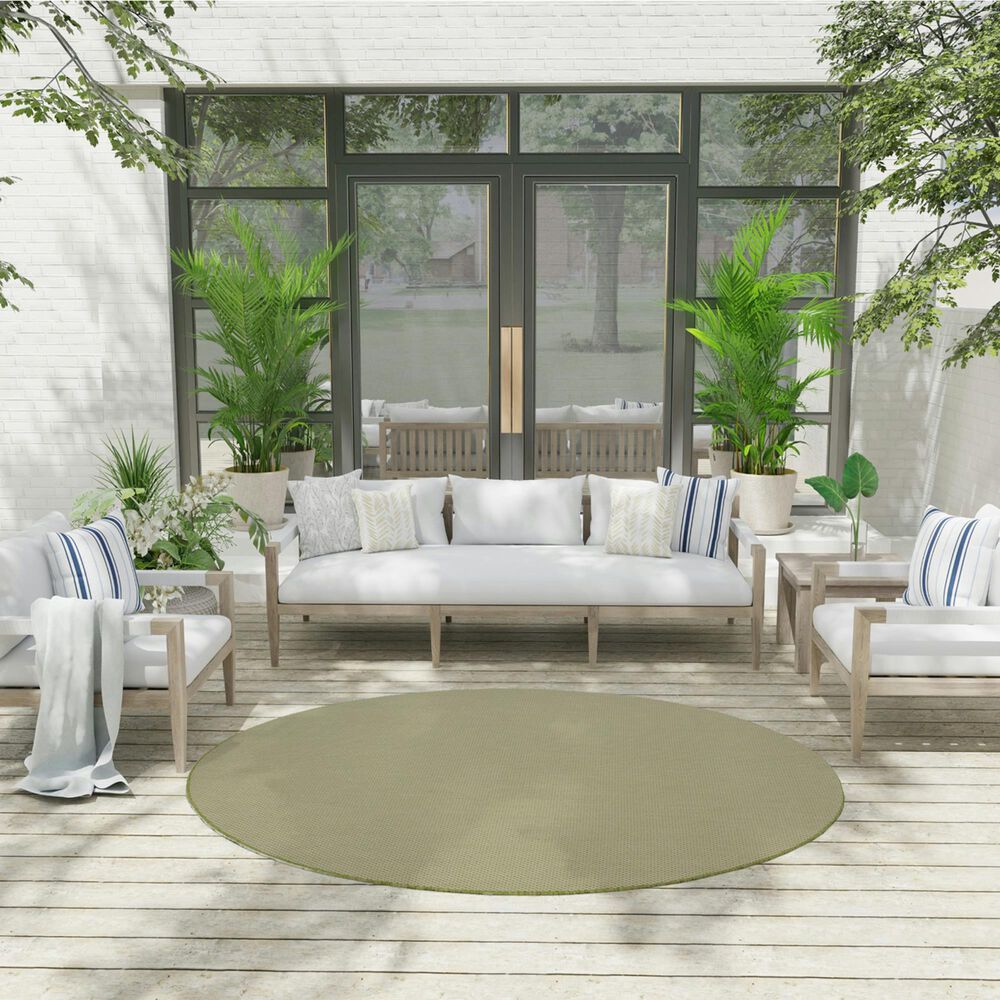 Nourison Courtyard Ivory and Green 6&#39; Round Indoor/Outdoor Area Rug, , large