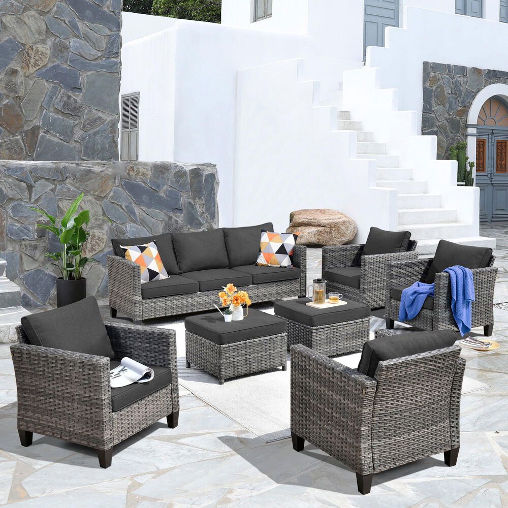 HOMLUX 7-Piece Rattan Sectional Set w/ Sofa + Footrests + Chairs, Black, , large
