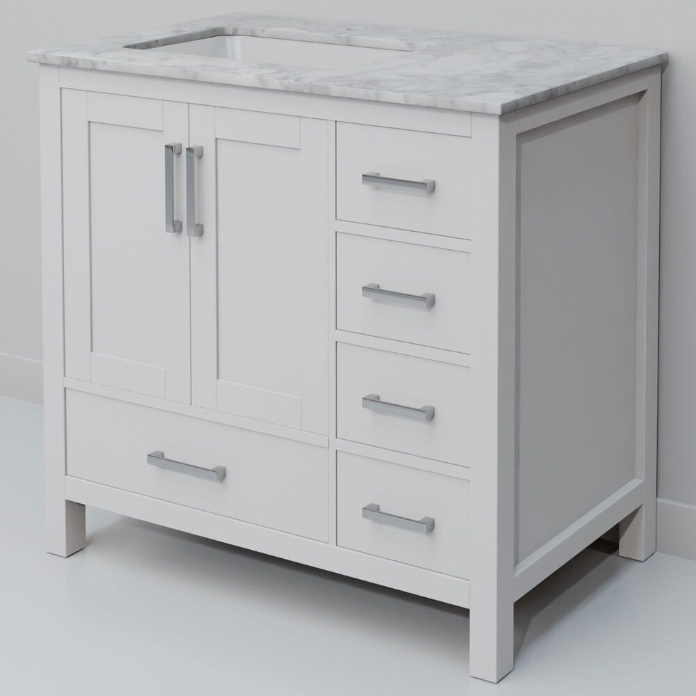 Lexora Home Jacques 36" Left Offset Single Bathroom Vanity in White with 2 cm White Carrara Marble Top and Rectangular Sink, , large