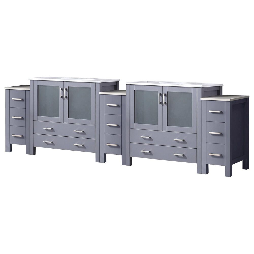Lexora Home Volez 108" Double Bathroom Vanity in Dark Grey with 2 cm White Ceramic Top, Rectangular Sinks and Side Cabinets, , large