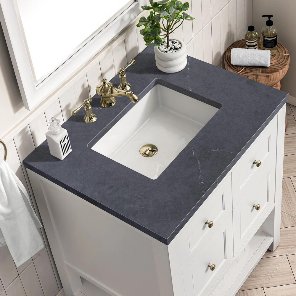 James Martin Vanities Breckenridge 30&quot; Single Bathroom Vanity in Bright White with 3 cm Charcoal Soapstone Quartz Top and Rectangular Sink, , large