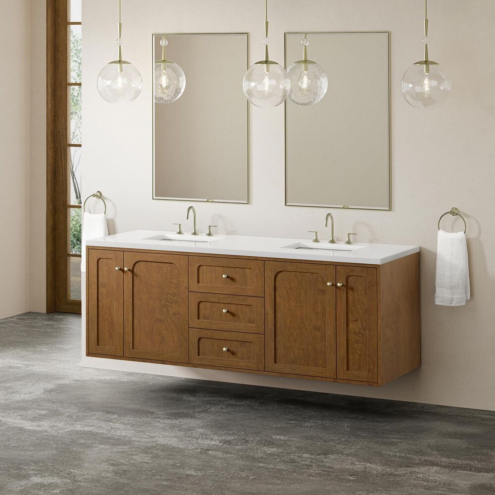 James Martin Laurent 72" Double Bathroom Vanity in Honey Oak with 3 cm White Zeus Silestone Top and Rectangular Sinks, , large