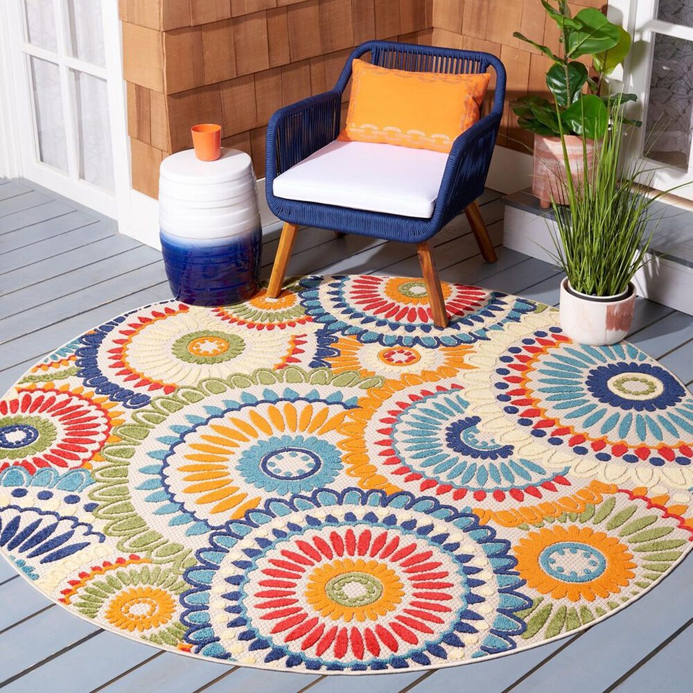 Safavieh Cabana CBN382M 3&#39; Round Blue and Ivory Indoor/Outdoor Area Performance Rug, , large