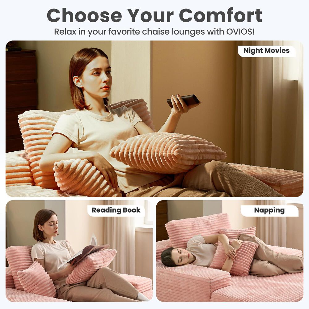 HOMLUX Cloud Faux Fur Chaise Lounge with Plush Pillows in Pink, , large