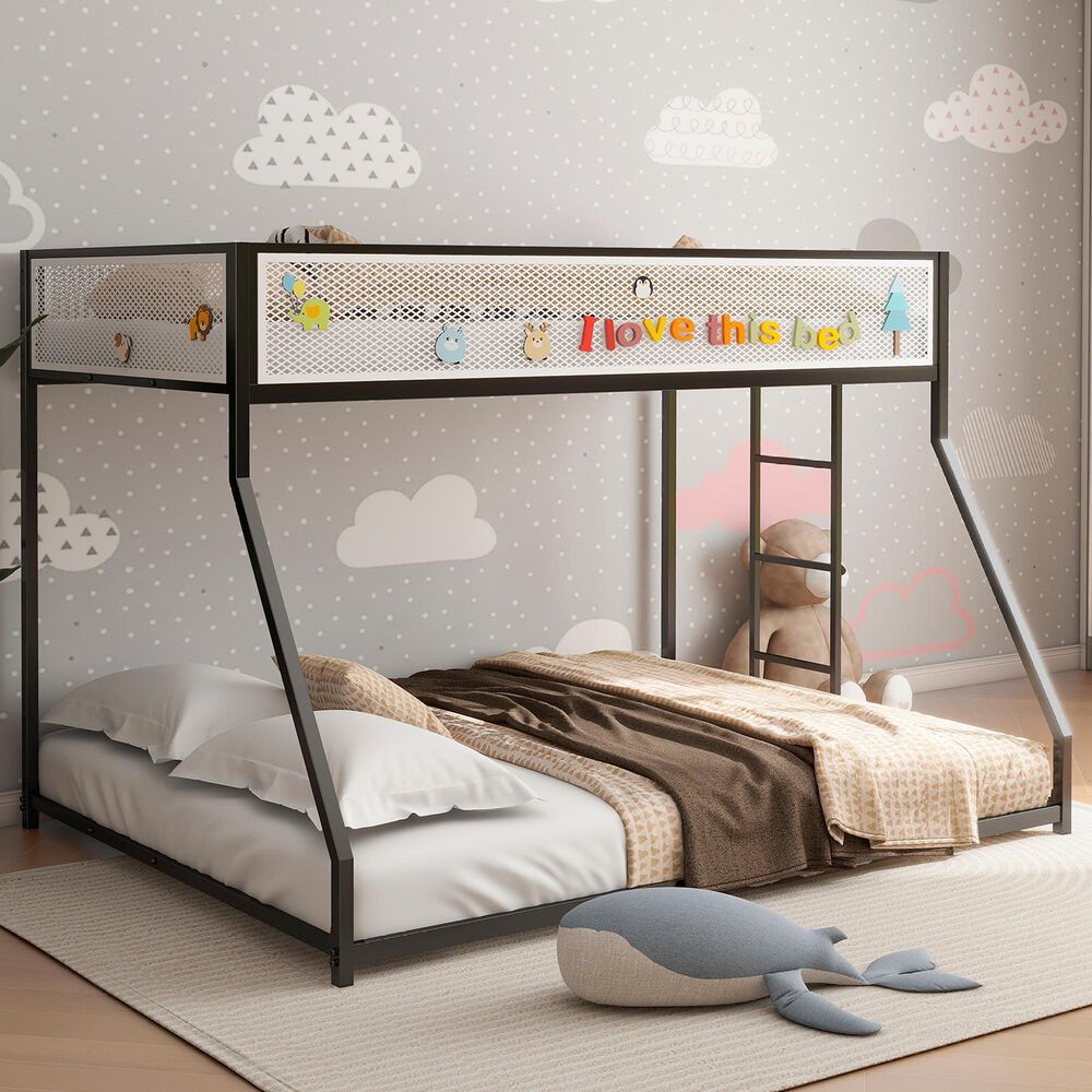 Hearth and Haven Adam Twin over Full Bunk Bed with White Mesh Guard Rail in Black, , large