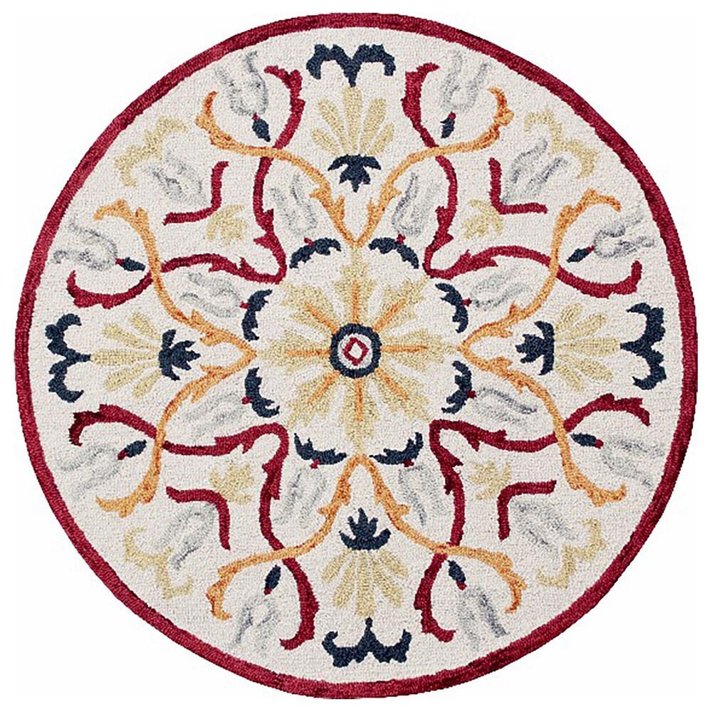 L&R Resources Sinuous Electric Floral Medallion 4" Round Red, Yellow, Cream and Navy Area Rug, , large