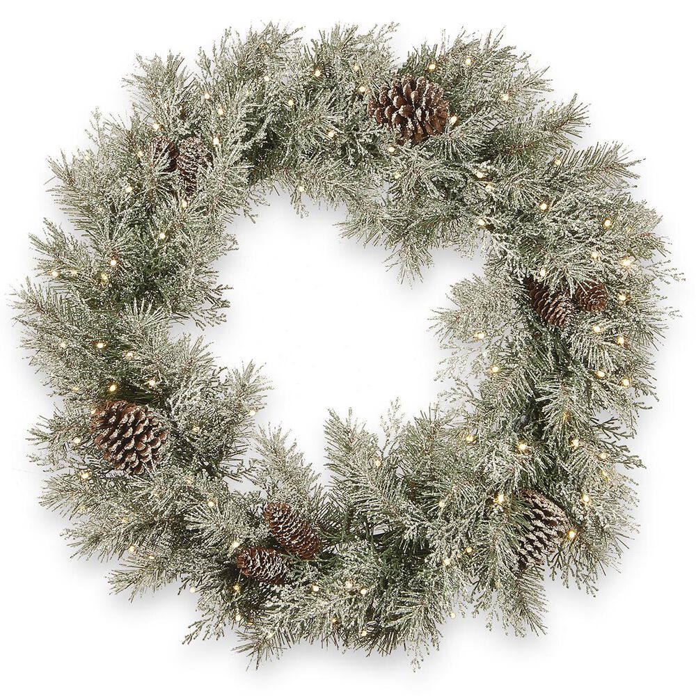 National Tree 30" Frosted Mountain Spruce Wreath with Battery Operated LED Lights, , large