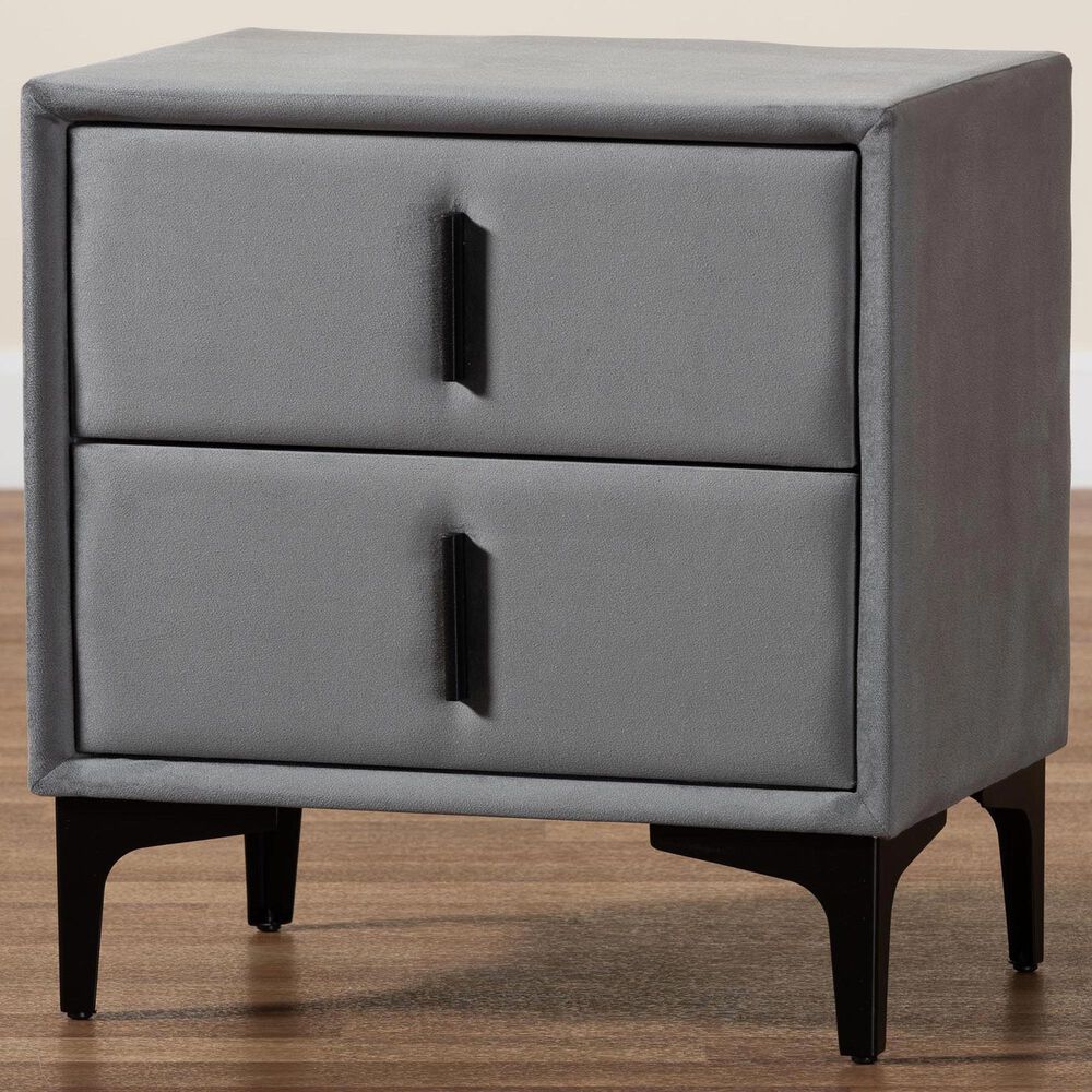 Baxton Studio Etienne 2-Drawer Nightstand with Slate Grey Velvet Upholstery in Black, , large