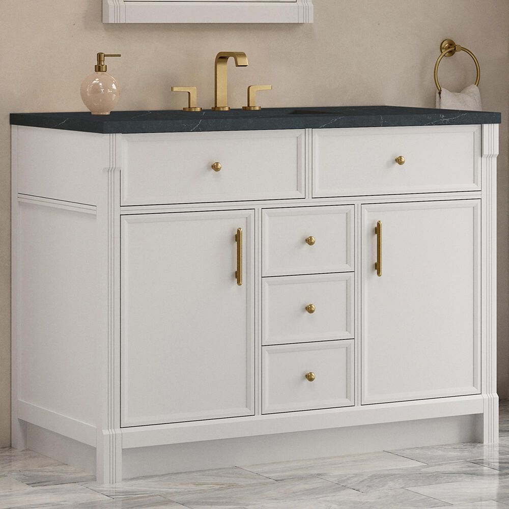 James Martin Bellshire 48" Single Bathroom Vanity in Bright White with 3 cm Charcoal Soapstone Silestone Top and Rectangular Sink, , large