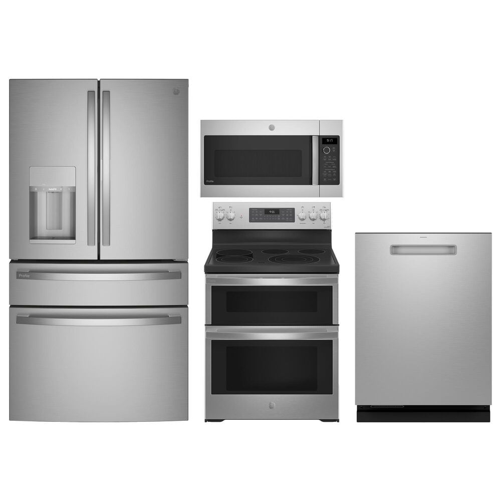 GE Profile 4pc Kitchen Package with Refrigerator, Range, Microwave, and Dishwasher in Stainless Steel, , large