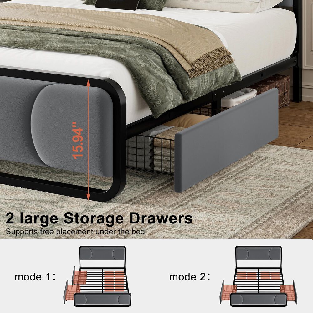 HOMLUX Full Upholstered Platform Storage Bed Frame in Gray, , large