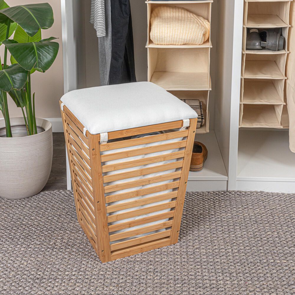 Household Essentials Slatted Hamper with Cushioned Lid and Removable Bag in Natural, , large
