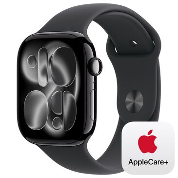 Apple Watch Series 11 (GPS) 46mm Aluminum Case with Black Sport Band - M/L in Jet Black and 2-Year AppleCare+, , large