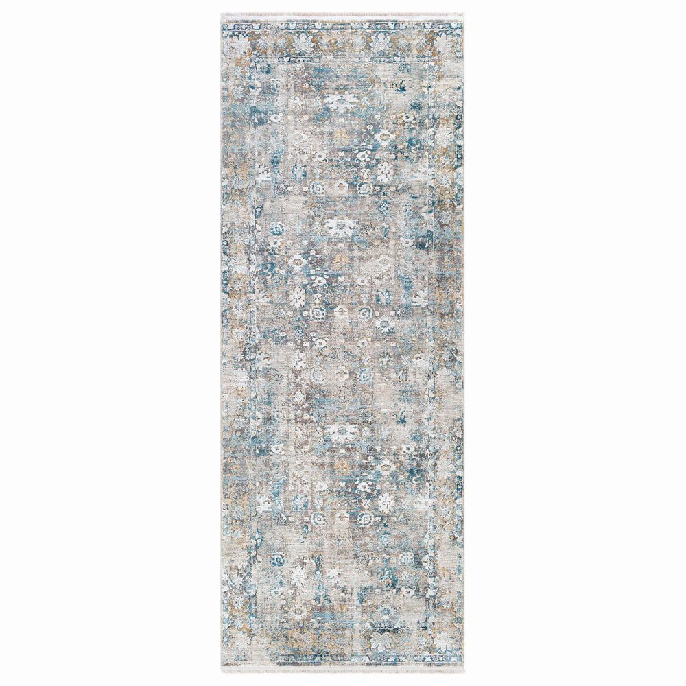 Surya Solar 3" x 8" Dark Blue, Charcoal, Light Gray, White and Saffron Runner, , large