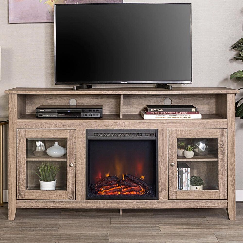 Walker Edison Wasatch 58" Fireplace Glass Wood TV Stand in Driftwood, , large