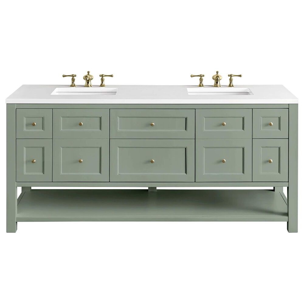 James Martin Vanities Breckenridge 72&quot; Double Bathroom Vanity in Smokey Celadon with 3 cm White Zeus Quartz Top and Rectangular Sinks, , large
