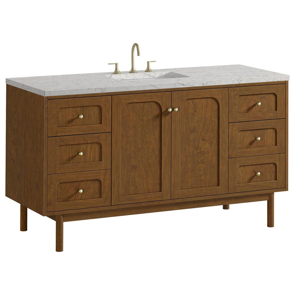 James Martin Laurent 60" Single Bathroom Vanity in Honey Oak with 3 cm Eternal Jasmine Pearl Silestone Top and Rectangular Sink, , large