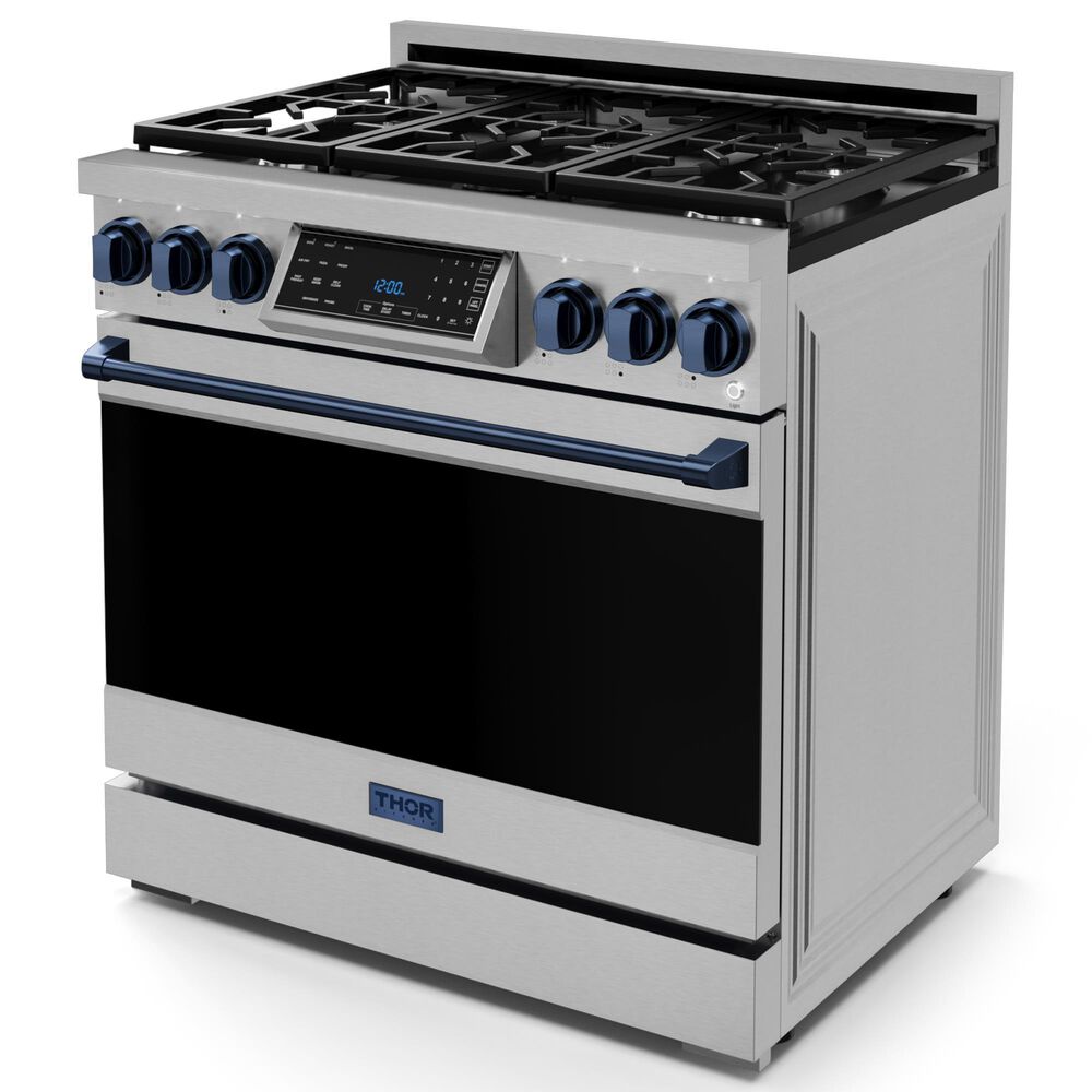 THOR KITCHEN Gordon Ramsay 6 Cu. Ft. 36&quot; Professional Liquid Propane Range with Navy Blue Handle Kit in Stainless Steel, , large