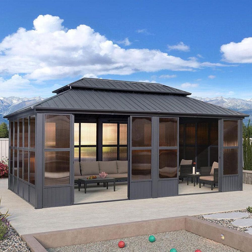 HOMLUX 12' x 20' Outdoor Hardtop Gazebo with Aluminum Frame, Double Galvanized Roof, Detachable Windows, Solarium Sunroom in Gray, , large