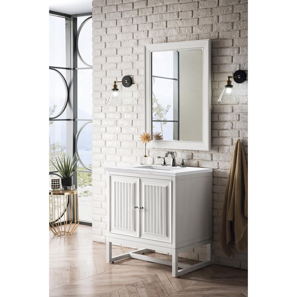 James Martin Vanities Athens 30&quot; Single Bathroom Vanity in Glossy White with 3 cm Arctic Fall Solid Surface Top and Rectangular Sink, , large