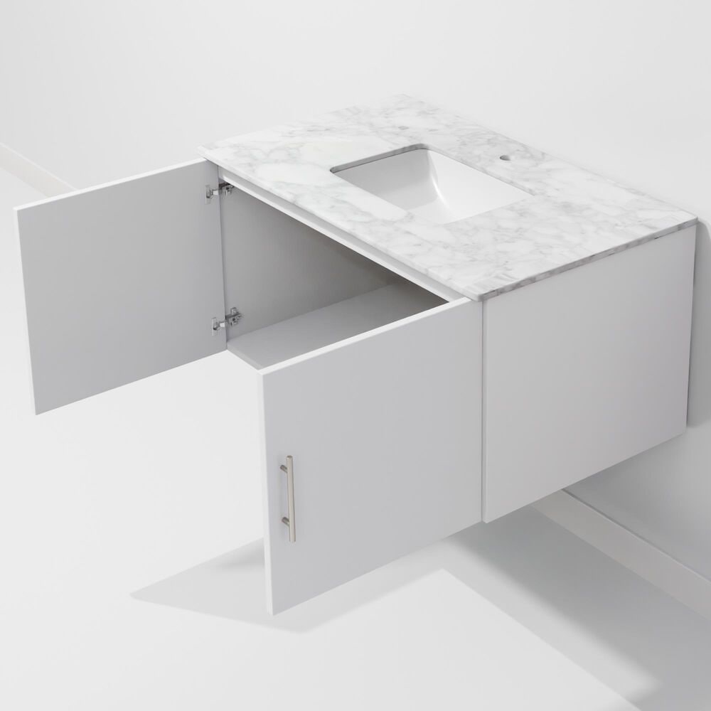 Lexora Home Geneva 36" Single Bathroom Vanity in Glossy White with 2 cm White Carrara Marble Top and Rectangular Sink, , large