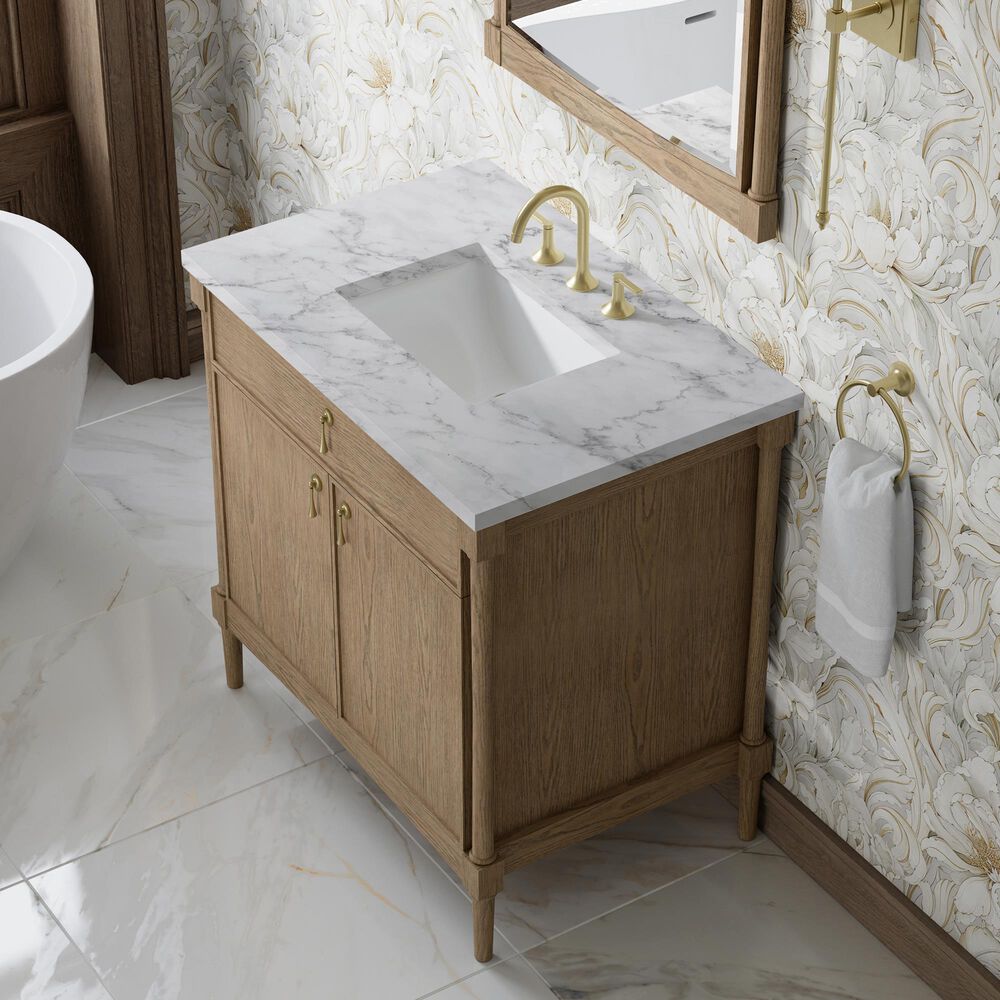 James Martin Kinnsden 36" Single Bathroom Vanity in Weathered Oak with 3 cm Carrara Marble Top and Rectangular Sink, , large