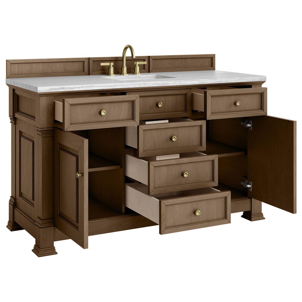 James Martin Vanities Brookfield 60&quot; Single Bathroom Vanity in Pecan with 3 cm Arctic Fall Solid Surface Top and Rectangular Sink, , large