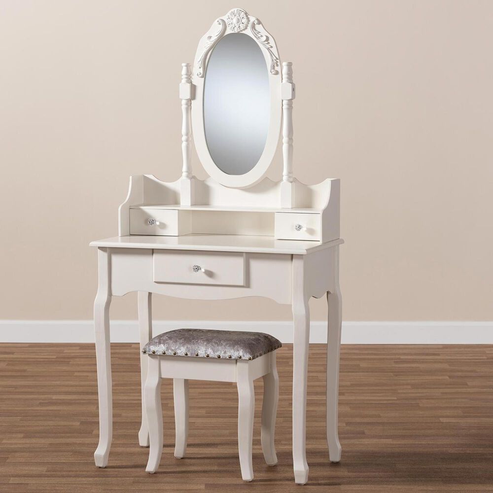Baxton Studio Veronique 3 Piece Vanity Table with Mirror & Ottoman in