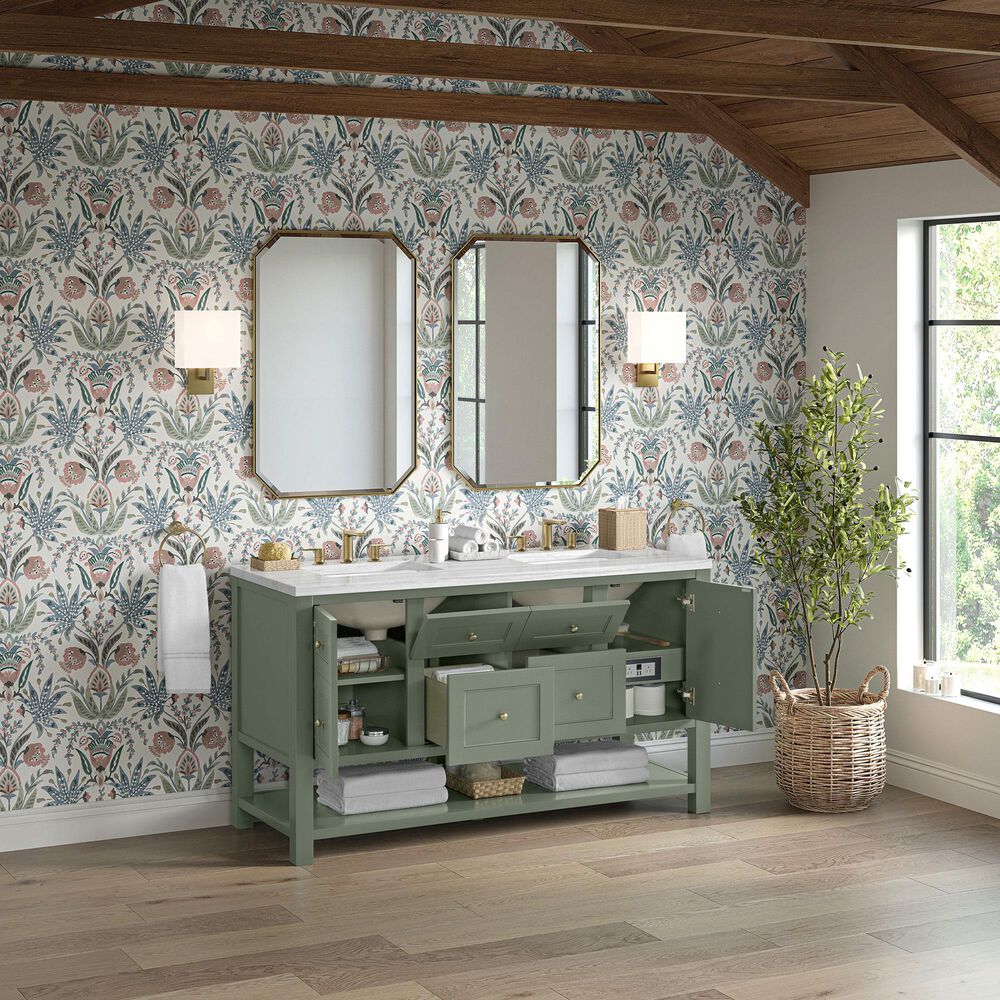 James Martin Vanities Breckenridge 60&quot; Double Bathroom Vanity in Smokey Celadon with 3 cm Arctic Fall Solid Surface Top and Rectangular Sinks, , large