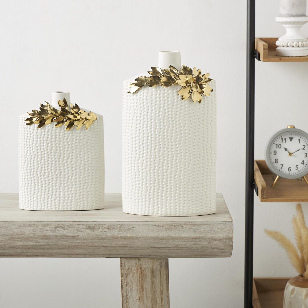 Maple and Jade 2-Piece Leaf Decorative Vase Set in Polished White and Gold, , large