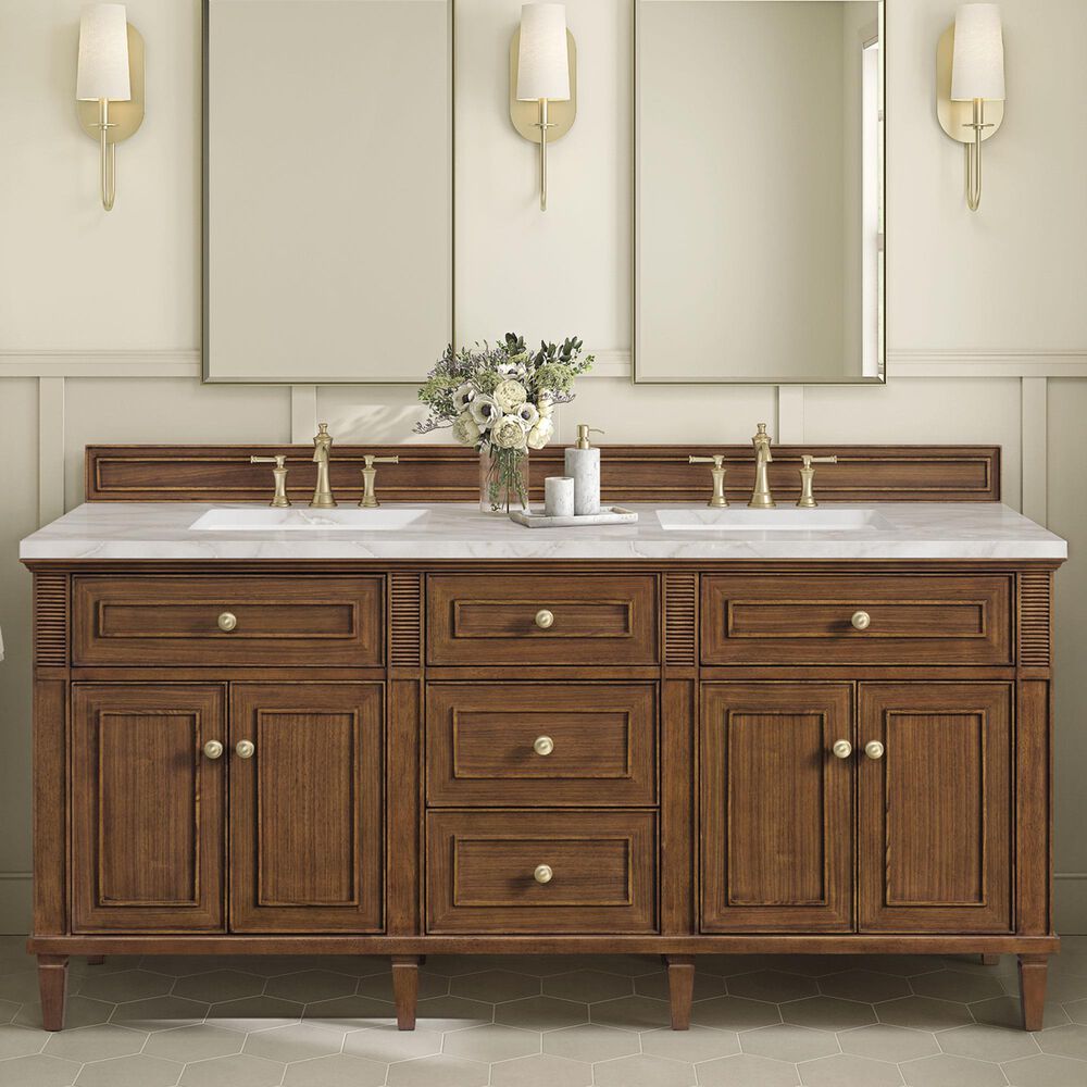 James Martin Vanities Lorelai 72&quot;Double Vanity in Mid-Century Walnut with 3 cm Victorian Silver Quartz Top, , large