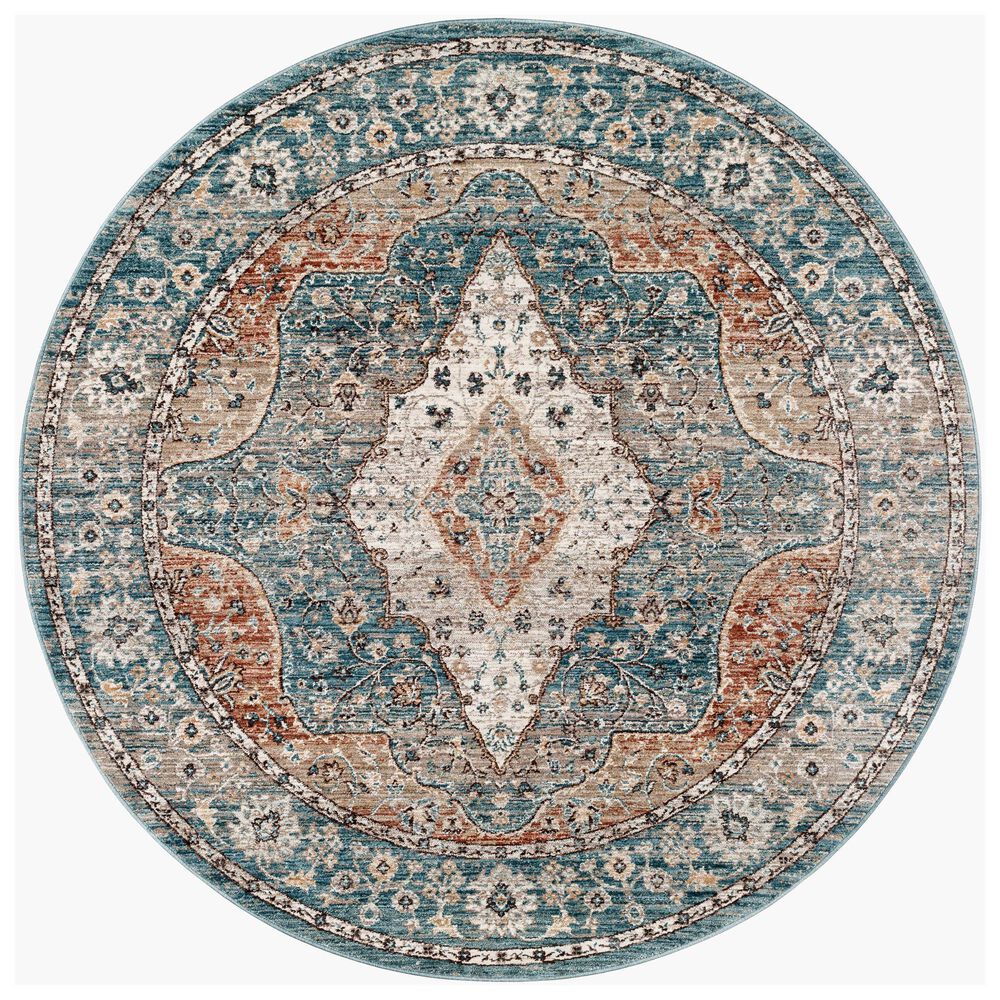 Surya Carlisle Oriental 5&#39;3&quot; Round Dark Blue, Light Sage, Dusty Pink, Cream and Medium Brown Area Rug, , large