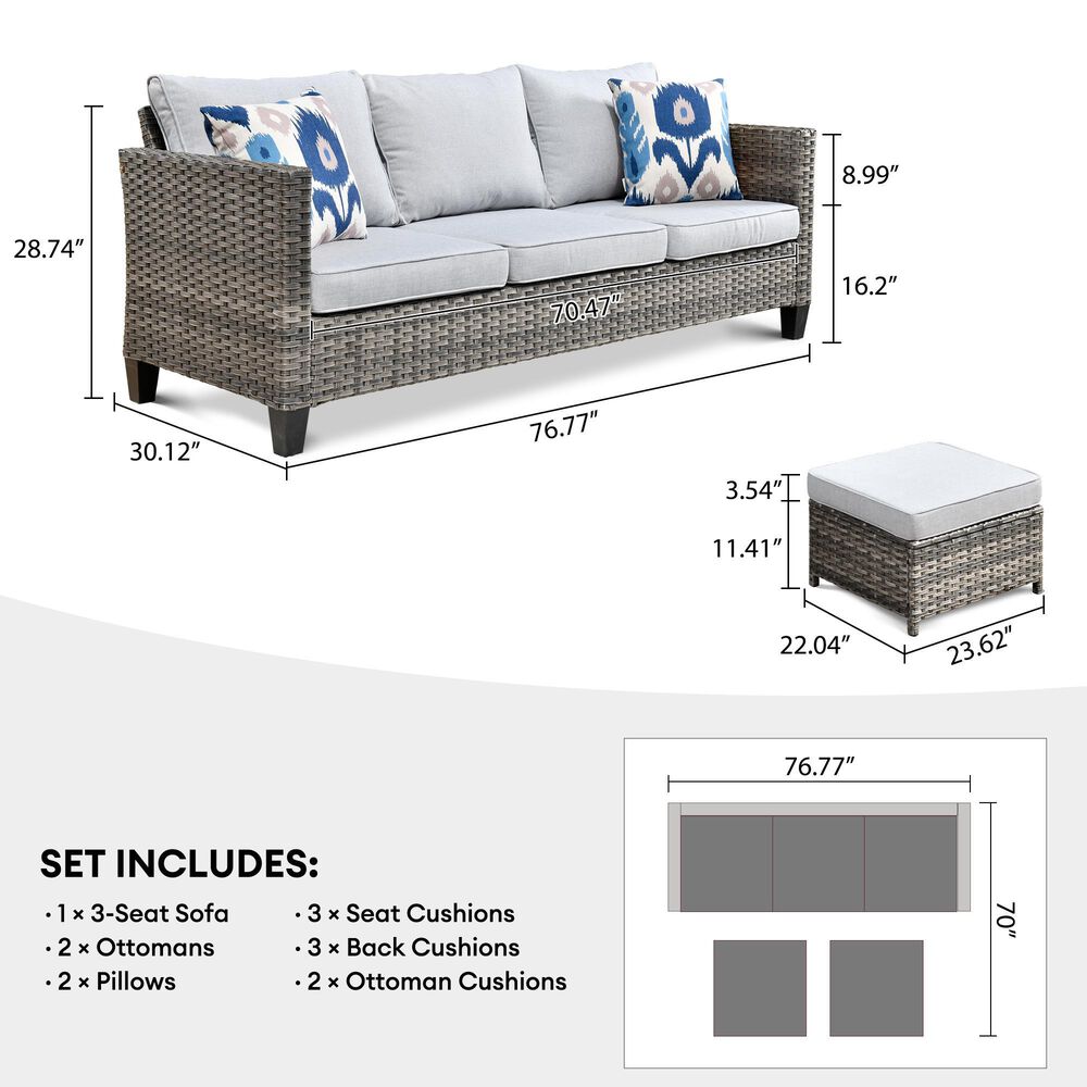 HOMLUX 3-Piece 77" Patio Sofa and Ottoman Set in Grey, , large