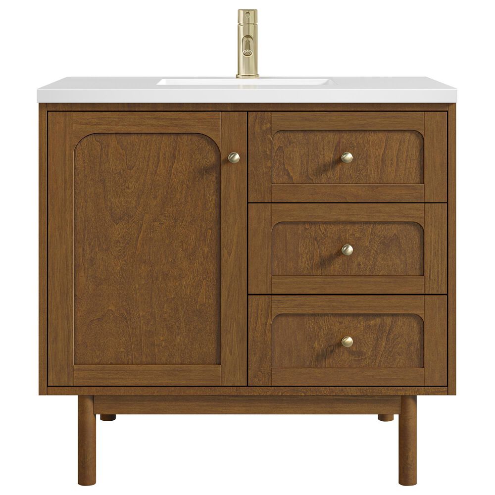 James Martin Laurent 36" Single Bathroom Vanity in Honey Oak with Single Hole 3 cm White Zeus Silestone Top and Rectangular Sink, , large
