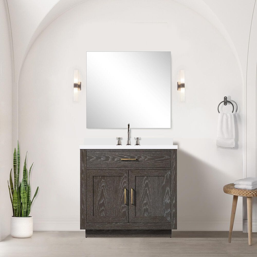 Lexora Home Abbey 36&quot; Single Bathroom Vanity in Brown Oak with 2 cm White Quartz Top and Rectangular Sink, , large